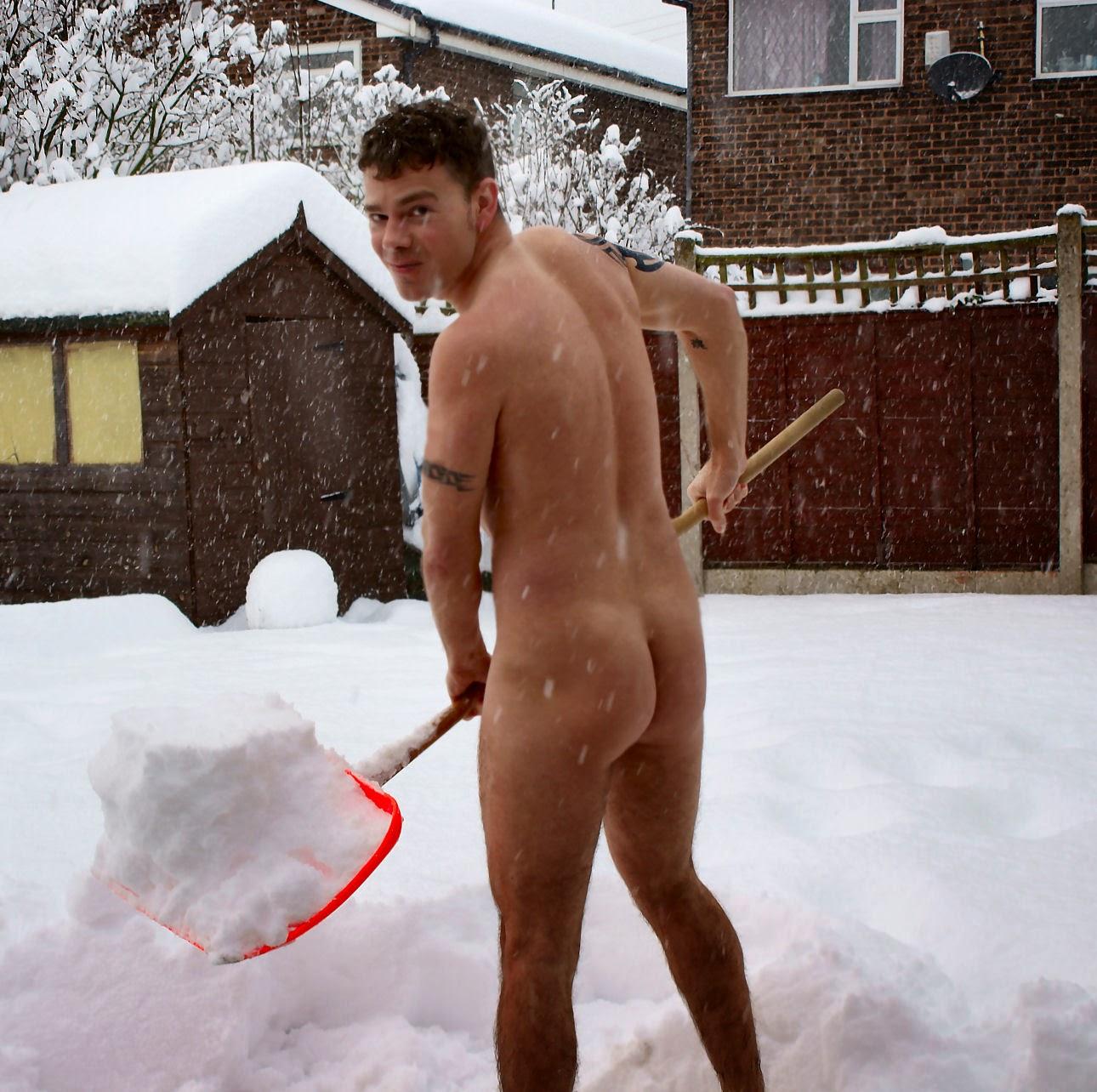 Nude male play snow